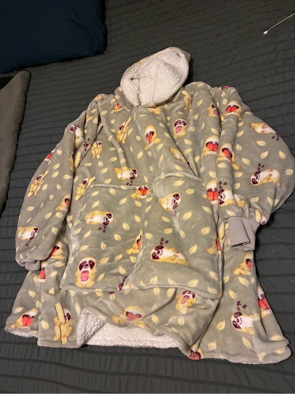 Grey Plush Oodie Hooded Blanket Hoodie with Sloth Print